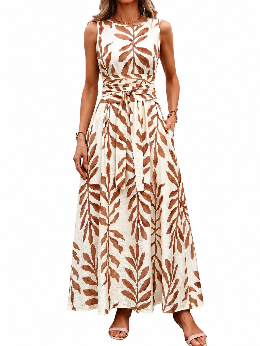Vestido de verano sin mangas con cuello redondo, cintura ajustada y estampado todo sobre todo, para uso casual y vacaciones