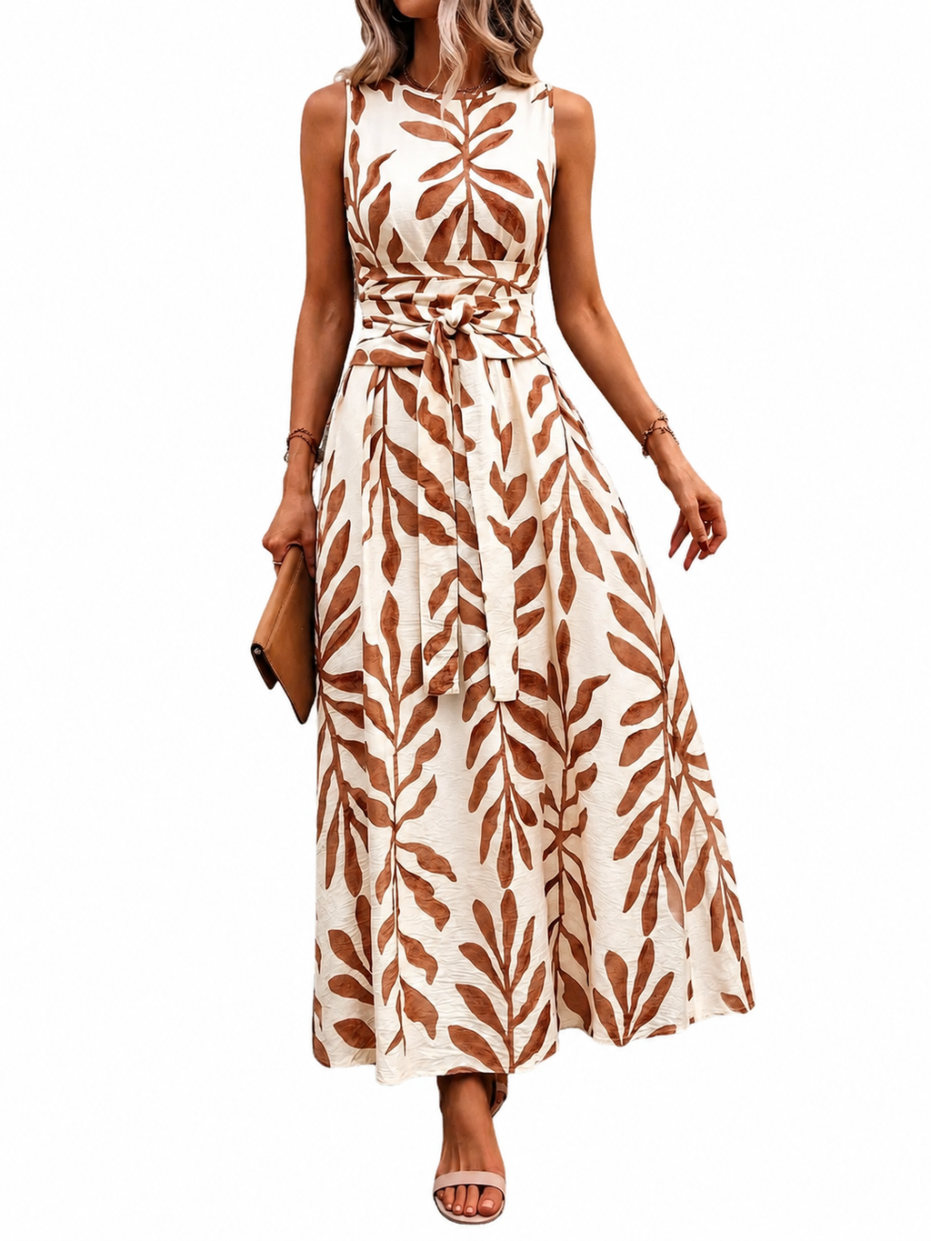 Vestido de verano sin mangas con cuello redondo, cintura ajustada y estampado todo sobre todo, para uso casual y vacaciones