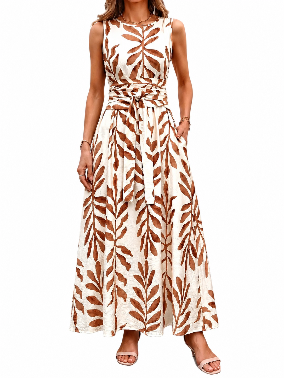 Vestido de verano sin mangas con cuello redondo, cintura ajustada y estampado todo sobre todo, para uso casual y vacaciones