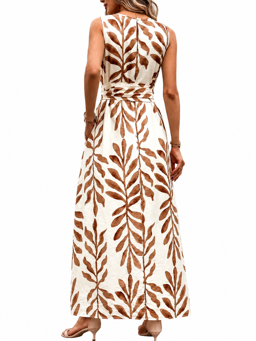 Vestido de verano sin mangas con cuello redondo, cintura ajustada y estampado todo sobre todo, para uso casual y vacaciones