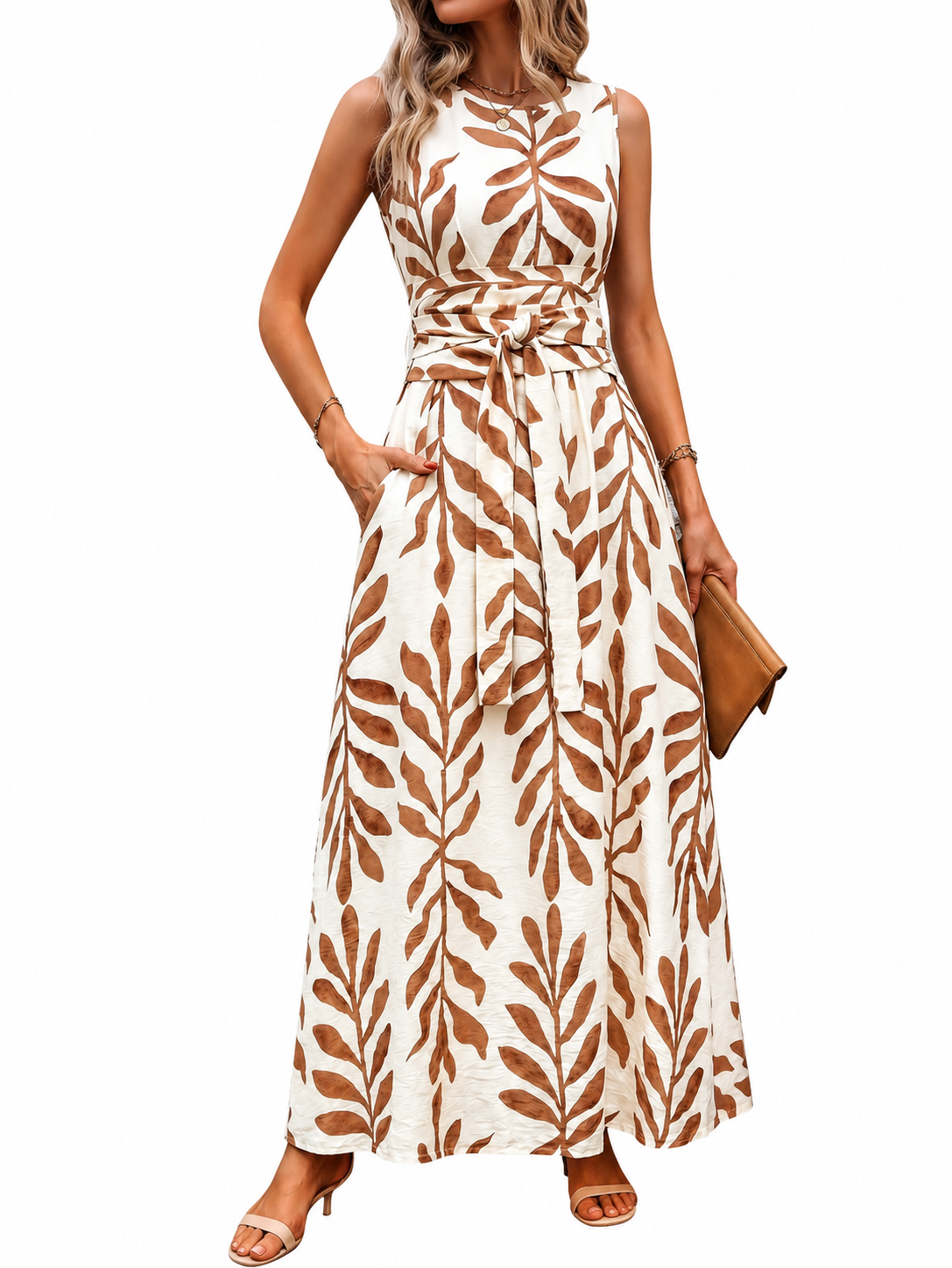 Vestido de verano sin mangas con cuello redondo, cintura ajustada y estampado todo sobre todo, para uso casual y vacaciones